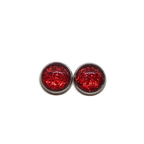 Boucles d'oreilles puce cabochon en verre de 12 mm paillette rouge
