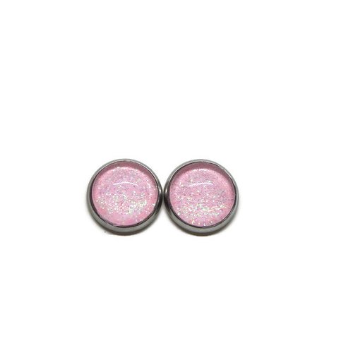 Boucles d'oreilles puce cabochon en verre de 12 mm paillette rose