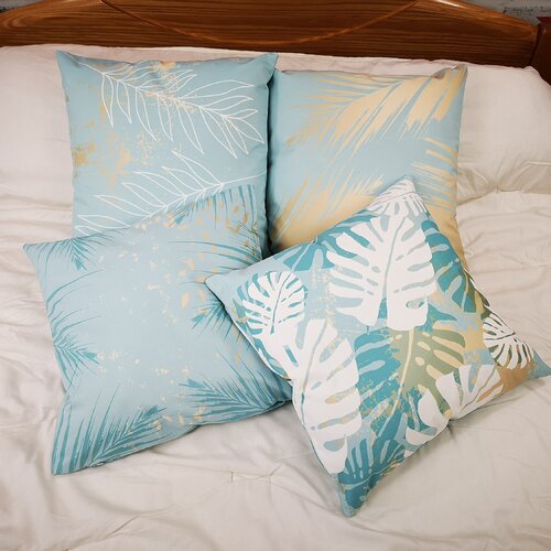 Housse de coussin 45x45 coussin déco lot de 4 housses d'oreiller bleu doré taies d'oreiller boho motif feuille bleue dorée