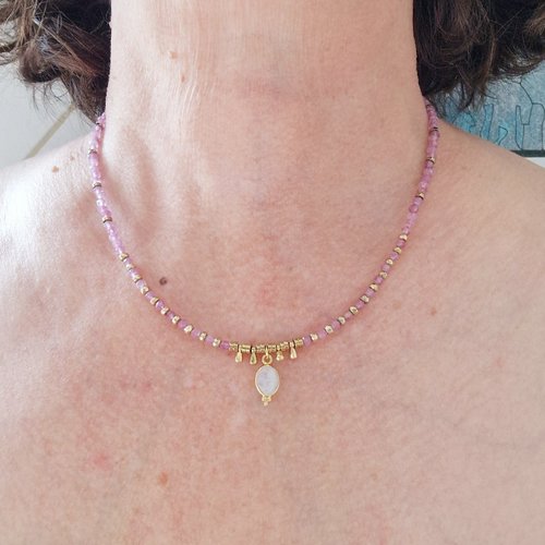 Collier pierres de gemmes tourmaline rose