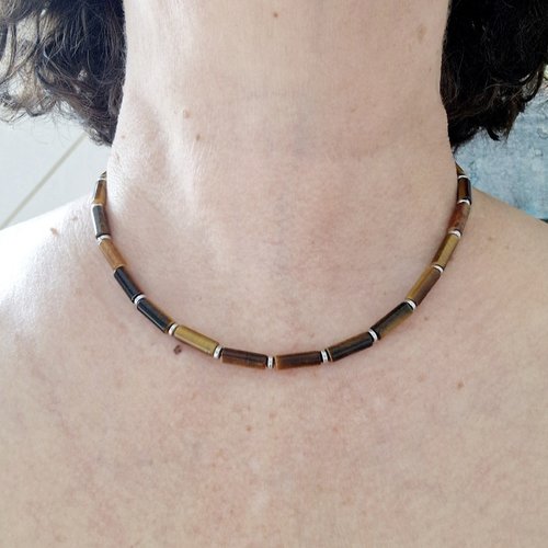 Collier court tubes oeil de tigre
