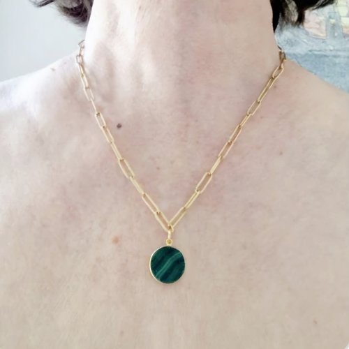 Collier acier inoxydable pendentif malachite