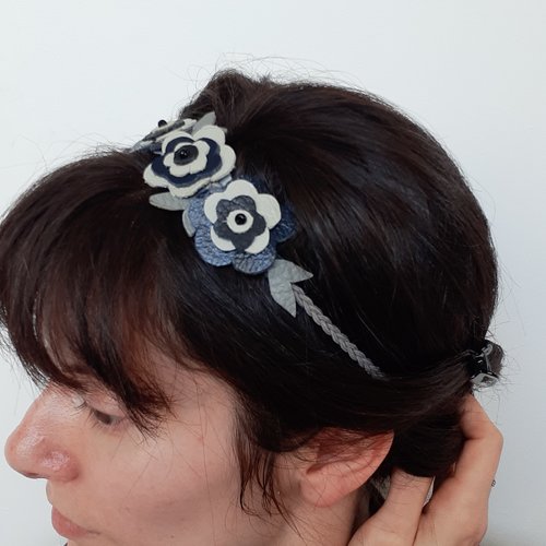 Headband bohème fleur de cuir taupe et gris couronne rétro, bandeau cuir bohème. .