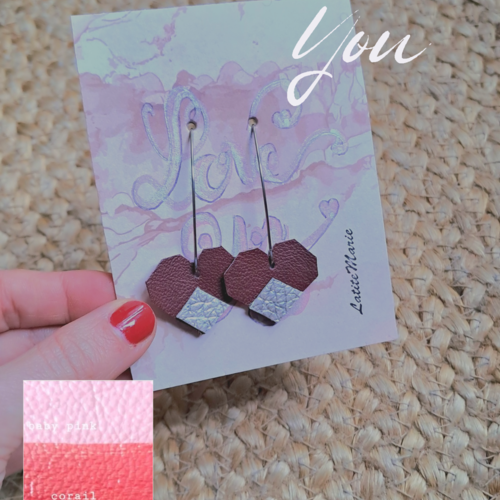 Boucles d'oreilles dormeuses coeur de cuir duo origami et losange personnalisables, cadeaust valentin femmes.