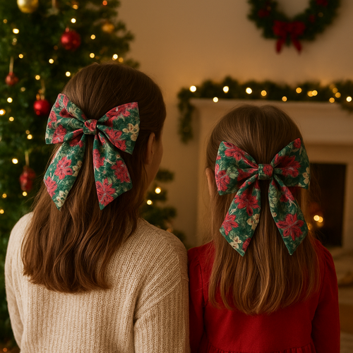 Barrette de noël enfant / maman grand nœud en coton motifs floral poincetia, accessoire coiffure fêtes, réveillon.