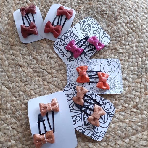 Barrettes noeud de cuir rose pour petites filles, coloris au choix, accessoires coiffure enfants fêtes..