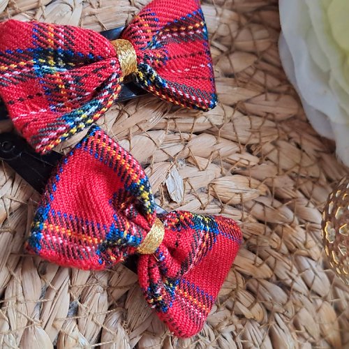 Barrettes nœuds petites fille noel tissu écossais tartan rouge.