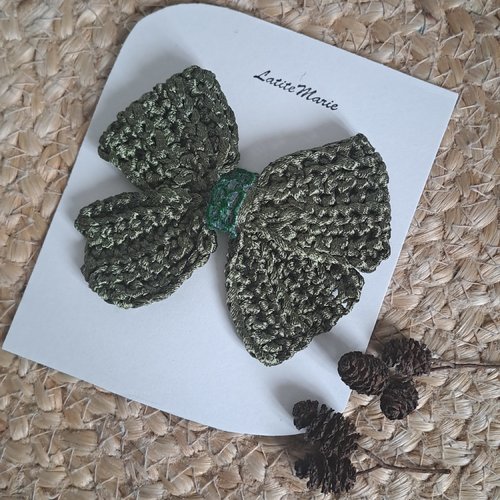 Barrette à cheveux nœud crochet vert kaki enfant, clip coiffure bébé petite fille nœud tricot, nœud papillon cheveux rétro.