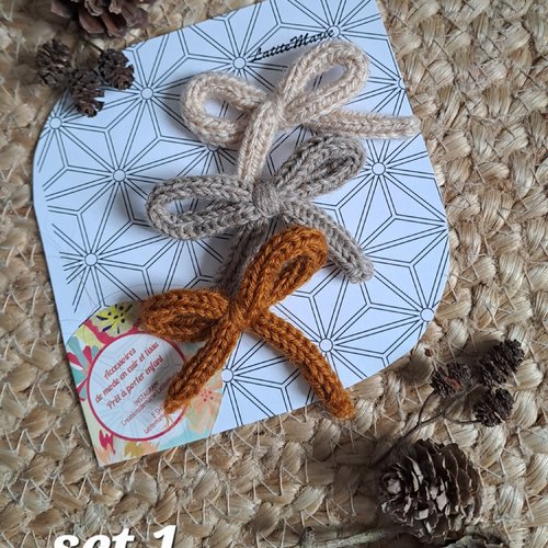 Barrettes nœud tricotin cordon de laine petite fille, cadeau anniversaire set de barrette nœud queue de cochon en laine au choix.