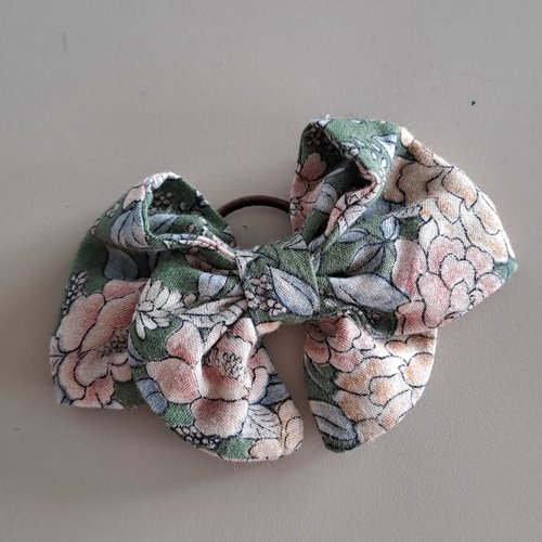 Chouchou petite fille grand noeud tissu fleuri vert et rose /barrettes cheveux pour enfant , mode enfantine bohème