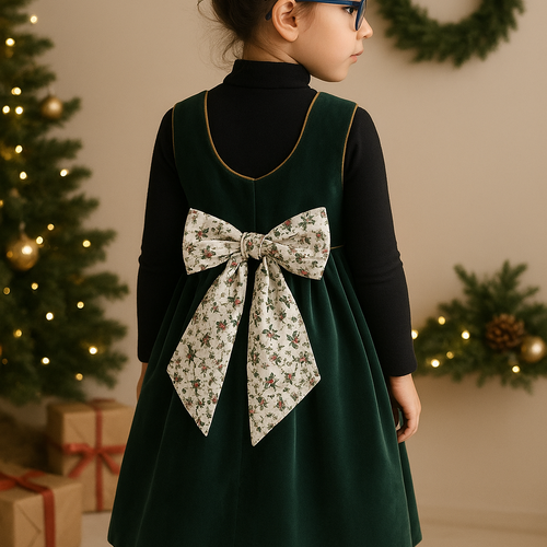 Robes de noël enfant en velours vert émeraude grand nœud dos nu | tenue de noël petite fille |  nouvel an