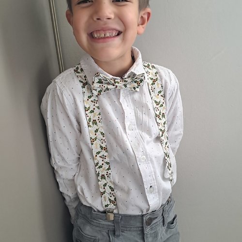 Ensemble coffret bretelles et nœud papillon coton motifs houx garçon/adulte, nœud papillon réveillon papa / bébé/enfant