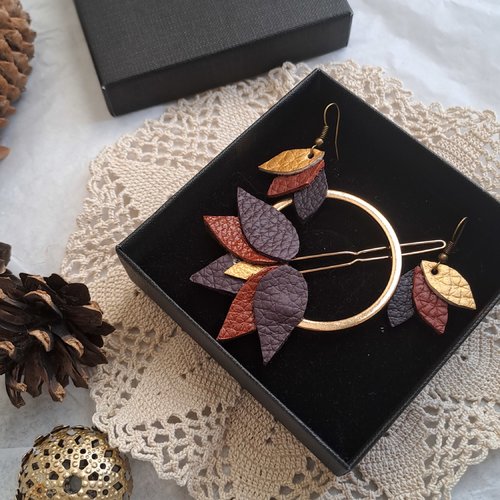 Barrette et boucles d'oreilles fleur de lotus barrette, pince cheveux, cuir lotus , accessoire coiffure soirée, mariage, fibule dorée.