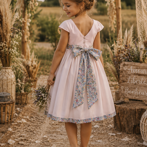 Robe demoiselle d'honneur enfant bohème rose päle et ceinture fleurie liberty pastel.