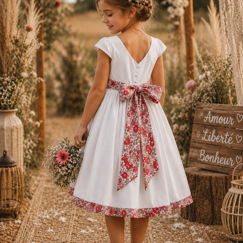 Robe mariage petite fille rétro blanche ceinture grand noeud fleurie rouge liberty.