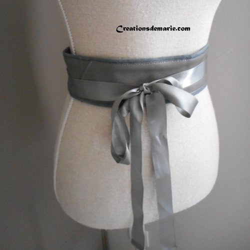 Ceinture obi cuir gris foncé à nouer ,ceinture serre taille cuir ajustable, accessoire robe..