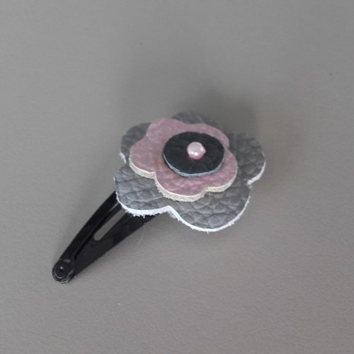 Barrette Petite Fille Fleur De Cuir Gris Et Rose Poudré