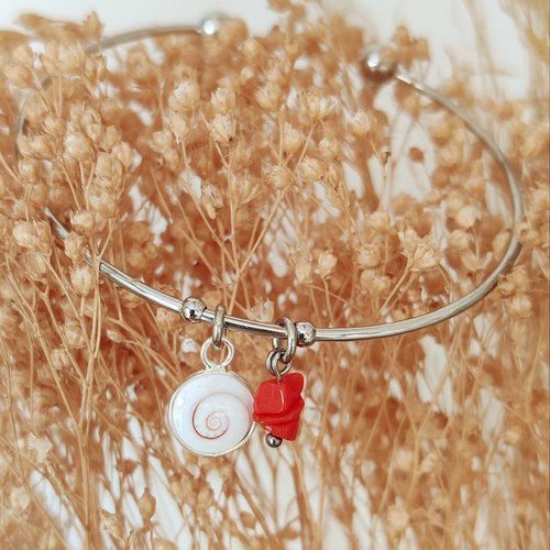 Bracelet jonc argenté œil de ste lucie et corail.