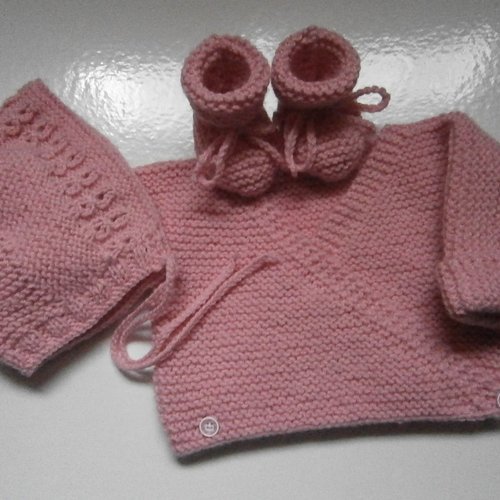 Brassière bébé tricot laine layette cadeau de naissance béguin et chaussons 0/3 mois