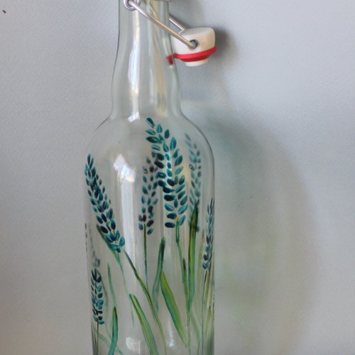 Carafe bouteille en verre déco fleurs bleues lavande