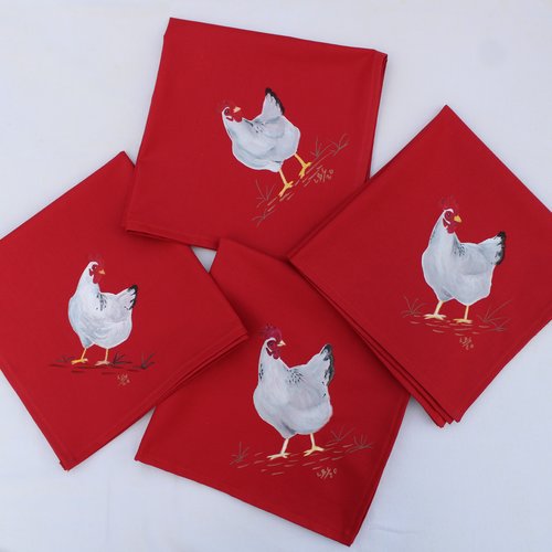 Serviettes de table en coton rouge poule peinte à la main