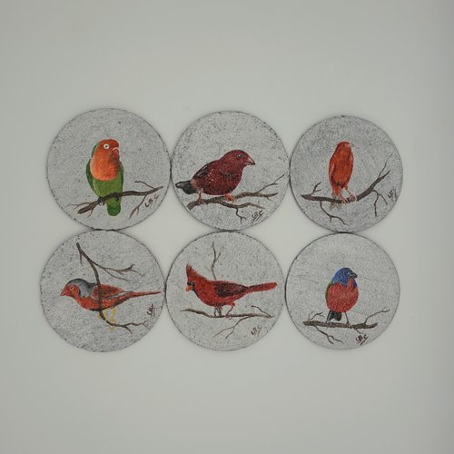 Dessous de verres oiseaux exotiques  sur fond gris métallisé