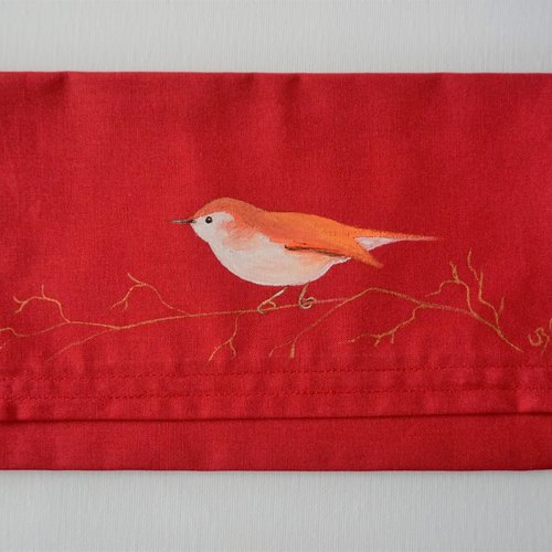 Pochette range serviette de table peinte à la main en coton rouge oiseau beige