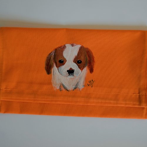 Pochette range serviette de table peinte à la main en coton orange chiot