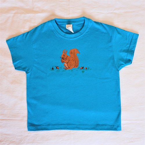 Tee shirt enfant bleu pétrole écureuil peint à la main 3/4 ans