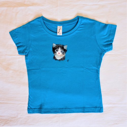 Tee shirt enfant bleu pétrole chaton peint à la main 6 ans