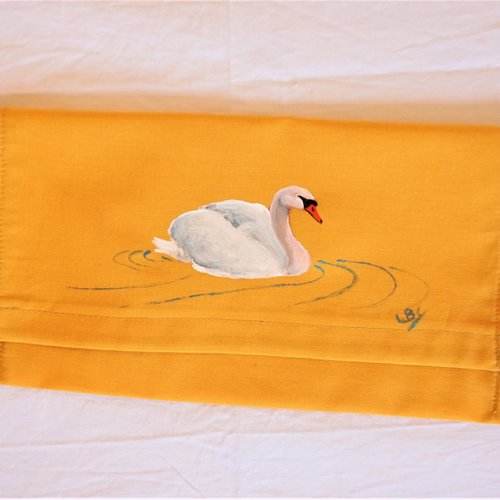 Pochette range serviette de table peinte à la main en coton jaune cygne