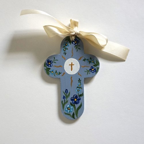Croix de l'espérance de berceau en bois bleu ciel fleurs bleues petit modèle