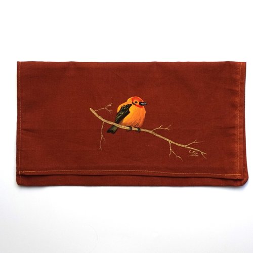 Pochette range serviette de table peinte à la main en coton brique oiseau orange