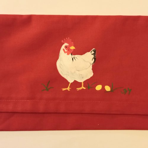 Pochette range serviette de table peinte à la main en coton rouge  poule