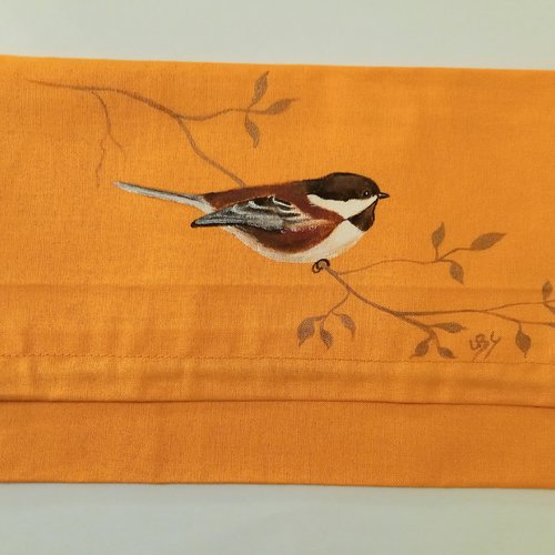 Pochette range serviette de table peinte à la main en coton orange  mésange