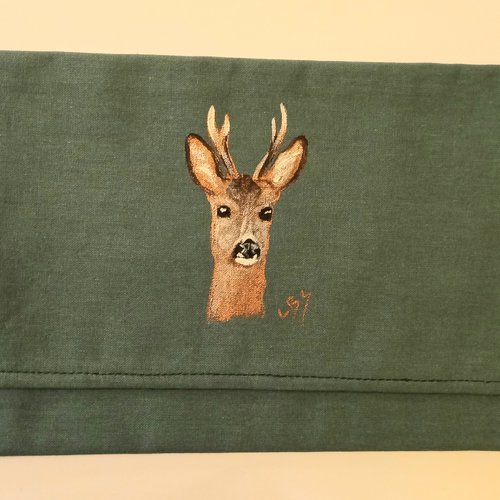 Pochette range serviette de table peinte à la main en coton vert chevreuil