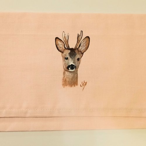 Pochette range serviette de table peinte à la main en coton rose chevreuil