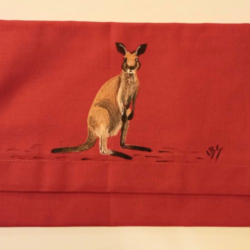 Pochette range serviette de table peinte à la main en coton rouge  kangourou