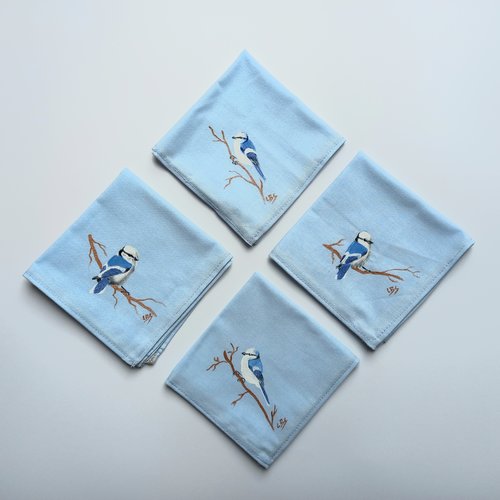 Serviette de cocktail peinte à la main en coton bleu ciel mésange bleue