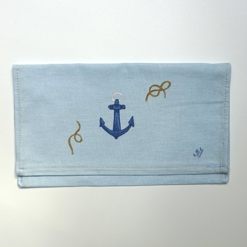 Pochette range serviette de table peinte à la main en coton bleu ciel ancre marine