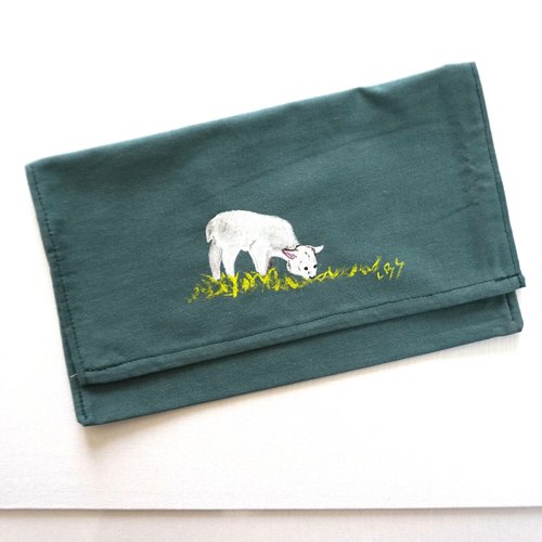 Pochette range serviette de table peinte à la main en coton vert mouton