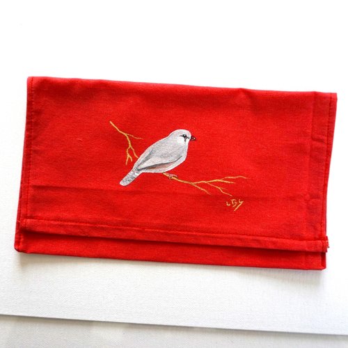 Pochette range serviette de table peinte à la main en coton corail oiseau blanc