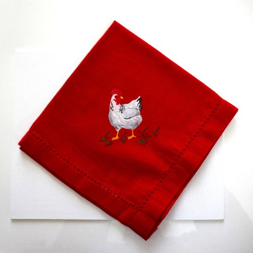 Serviette de table en coton rouge poule blanche