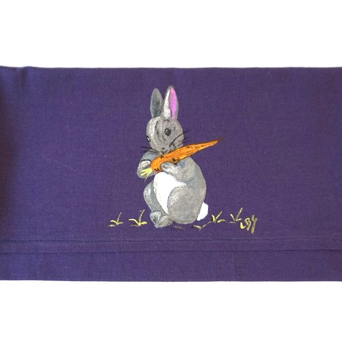 Pochette range serviette de table peinte à la main en coton violet lapin