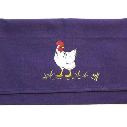 Pochette range serviette de table peinte à la main en coton violet poule