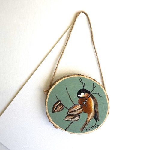 Miniature sur bois mésange du père david sur sa branche