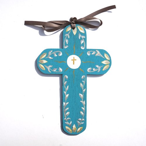 Croix de l'espérance de baptême ou de communion en bois feuiilage ocre et argent  sur fond turqoise