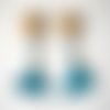 Boucles d'oreilles clips  paille naturelle perles naturel et turquoise et pétales de pin turquoise