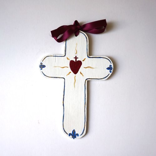 Croix de l'espérance de baptême ou de communion en bois sacré coeur  rouge sur fond blanc