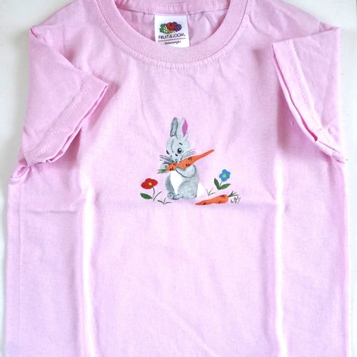 Tee shirt enfant rose lapin gris peint à la main 1 / 2 ans